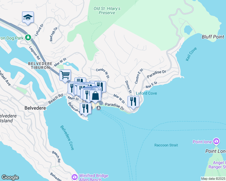 map of restaurants, bars, coffee shops, grocery stores, and more near 1884 Centro West Street in Tiburon