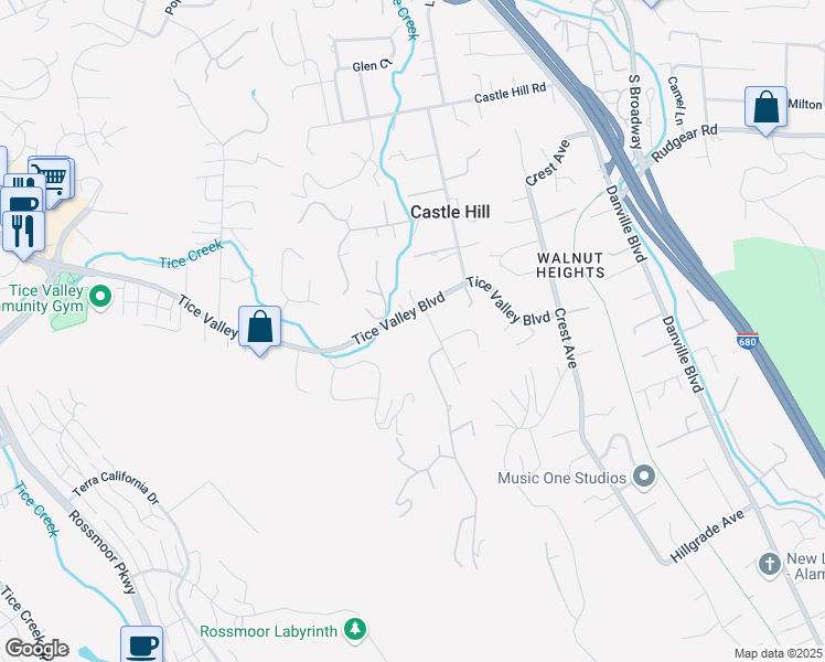 map of restaurants, bars, coffee shops, grocery stores, and more near 2339 Tice Valley Boulevard in Walnut Creek