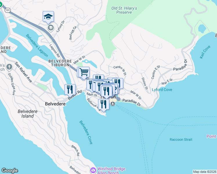 map of restaurants, bars, coffee shops, grocery stores, and more near 2 Lagoon Vista Road in Belvedere Tiburon