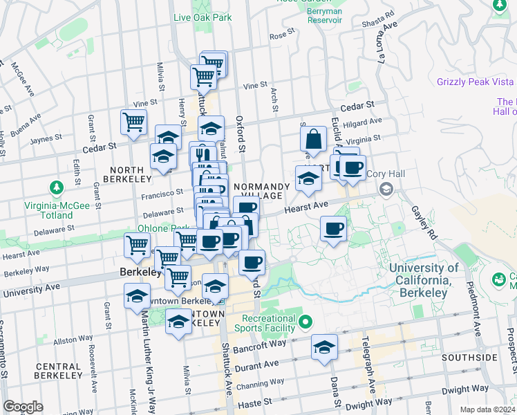 map of restaurants, bars, coffee shops, grocery stores, and more near 1846 Spruce Street in Berkeley
