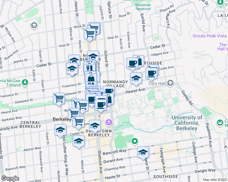 map of restaurants, bars, coffee shops, grocery stores, and more near 1846 Spruce Street in Berkeley