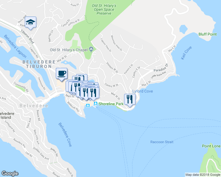 map of restaurants, bars, coffee shops, grocery stores, and more near 1884 Centro West Street in Belvedere Tiburon