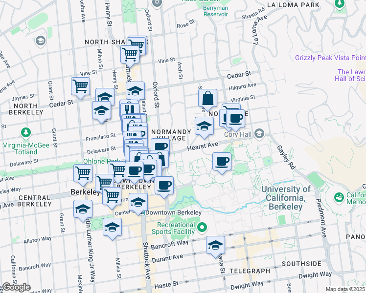map of restaurants, bars, coffee shops, grocery stores, and more near 2255 Hearst Avenue in Berkeley