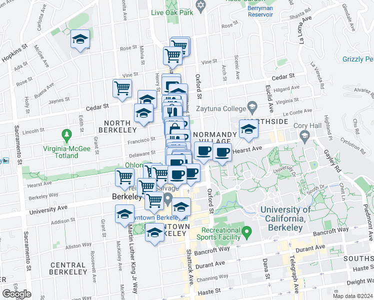 map of restaurants, bars, coffee shops, grocery stores, and more near in Berkeley