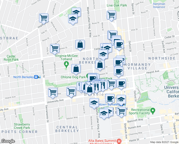 map of restaurants, bars, coffee shops, grocery stores, and more near 1836 Francisco Street in Berkeley