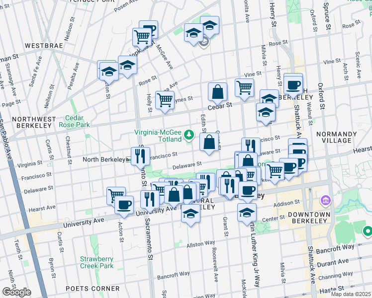 map of restaurants, bars, coffee shops, grocery stores, and more near 1644 Virginia Street in Berkeley
