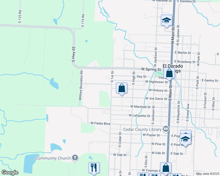map of restaurants, bars, coffee shops, grocery stores, and more near 400 West Old Golf Course Road in El Dorado Springs