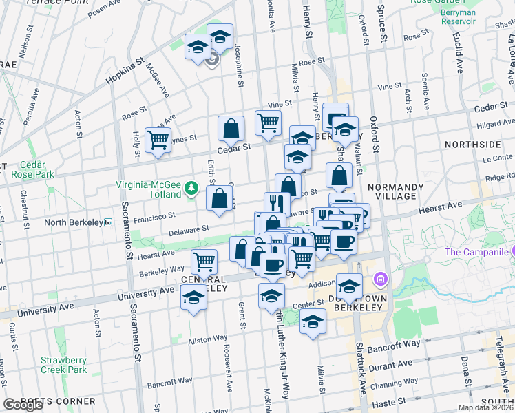 map of restaurants, bars, coffee shops, grocery stores, and more near 1836 Francisco Street in Berkeley