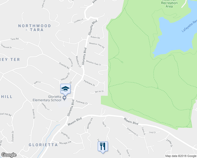 map of restaurants, bars, coffee shops, grocery stores, and more near 33 Parklane Drive in Orinda