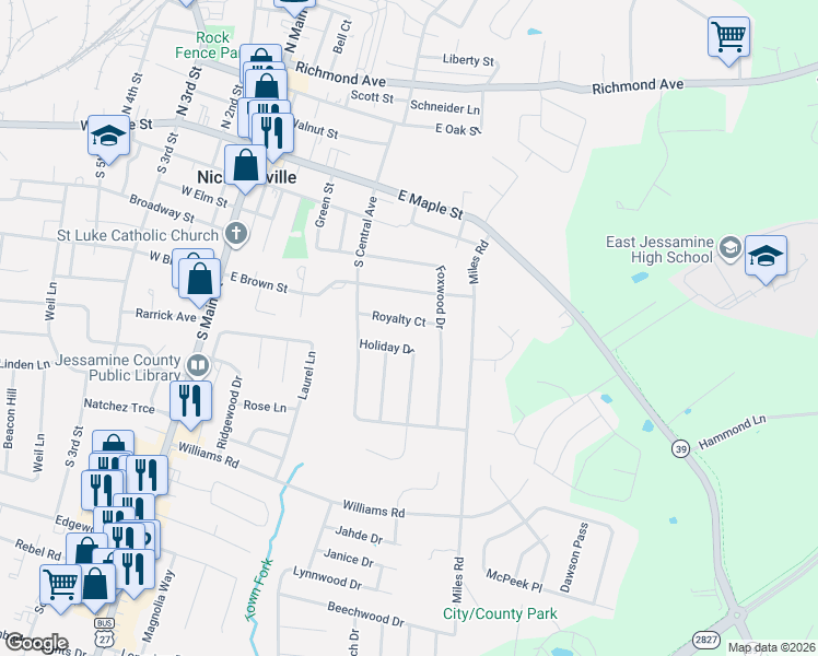 map of restaurants, bars, coffee shops, grocery stores, and more near 317 Royalty Court in Nicholasville