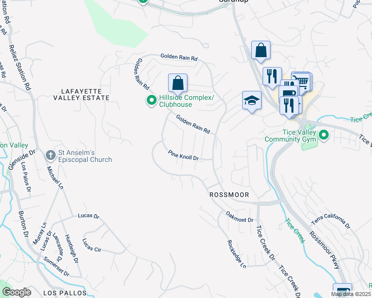 map of restaurants, bars, coffee shops, grocery stores, and more near 2409 Pine Knoll Drive in Walnut Creek