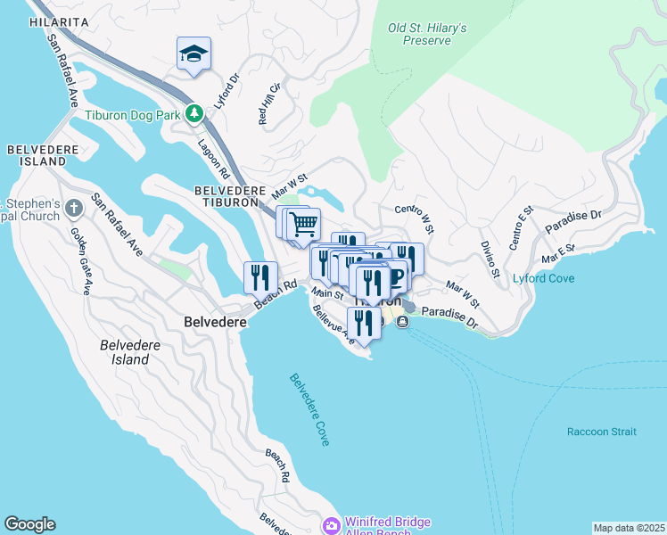map of restaurants, bars, coffee shops, grocery stores, and more near 1610 Tiburon Boulevard in Tiburon