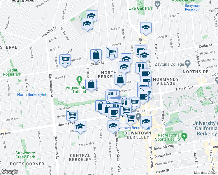map of restaurants, bars, coffee shops, grocery stores, and more near 1836 Francisco Street in Berkeley