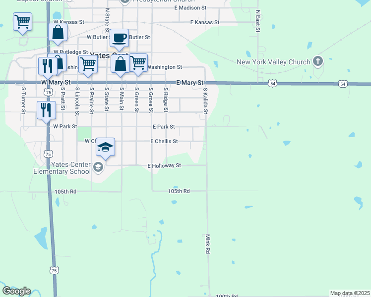 map of restaurants, bars, coffee shops, grocery stores, and more near 504 East Chellis Street in Yates Center