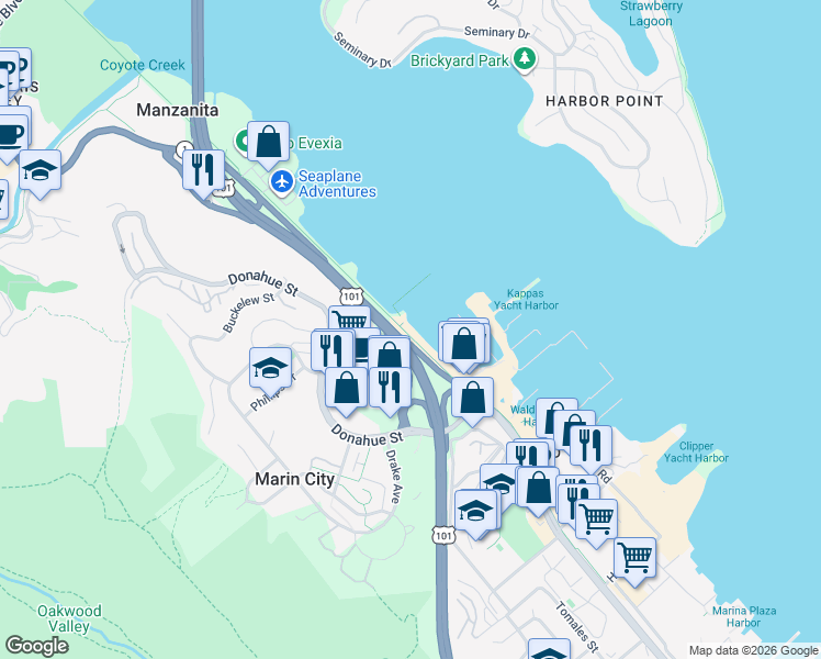 map of restaurants, bars, coffee shops, grocery stores, and more near 42 Kappas Marina West Pier in Sausalito