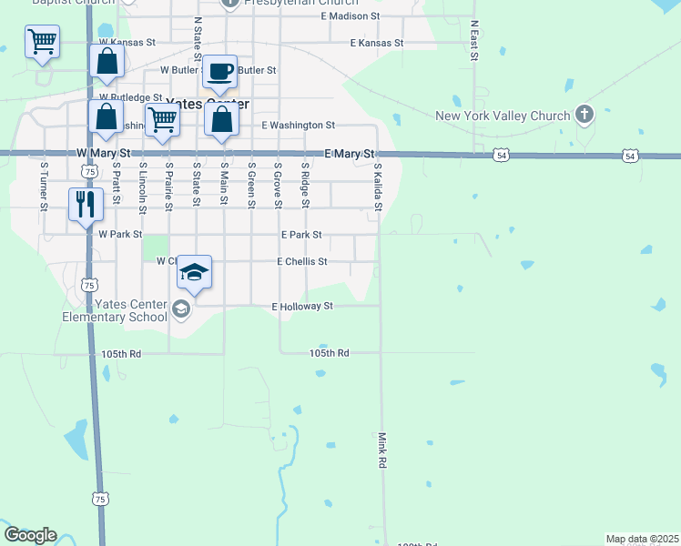 map of restaurants, bars, coffee shops, grocery stores, and more near 504 East Chellis Street in Yates Center