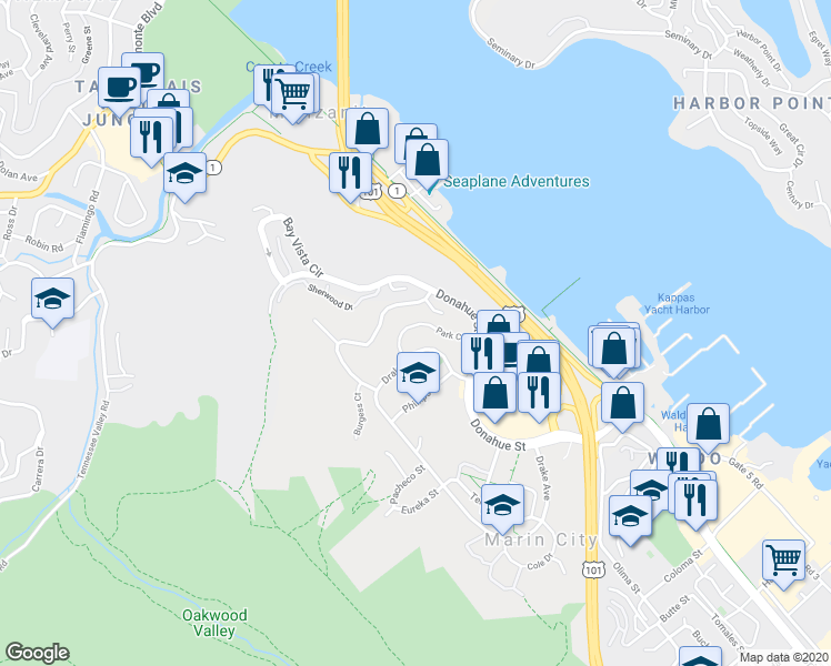 map of restaurants, bars, coffee shops, grocery stores, and more near 2 Park Circle in Sausalito