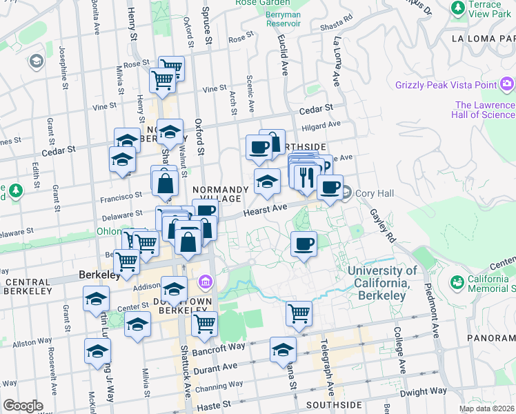 map of restaurants, bars, coffee shops, grocery stores, and more near 2315 Hearst Avenue in Berkeley