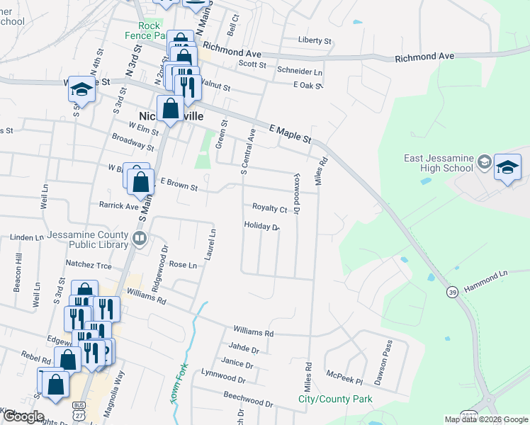 map of restaurants, bars, coffee shops, grocery stores, and more near 305 Royalty Court in Nicholasville