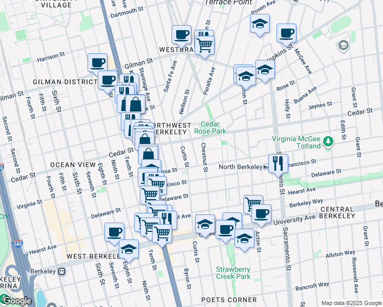 map of restaurants, bars, coffee shops, grocery stores, and more near 1622 Belvedere Avenue in Berkeley