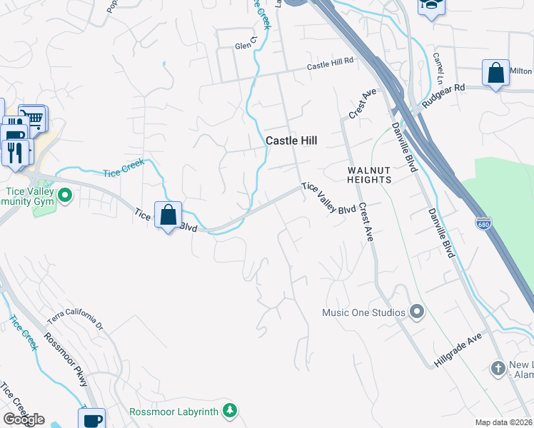 map of restaurants, bars, coffee shops, grocery stores, and more near 109 Castle Hill Ranch Road in Walnut Creek