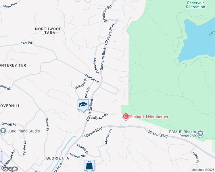 map of restaurants, bars, coffee shops, grocery stores, and more near 46 Parklane Drive in Orinda