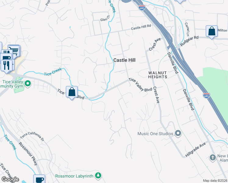 map of restaurants, bars, coffee shops, grocery stores, and more near 109 Castle Hill Ranch Road in Walnut Creek