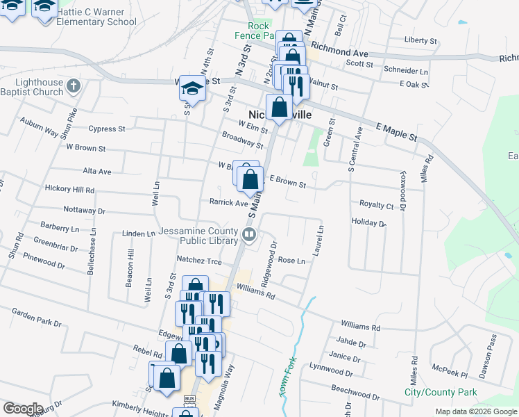 map of restaurants, bars, coffee shops, grocery stores, and more near 100 Laurel Lane in Nicholasville