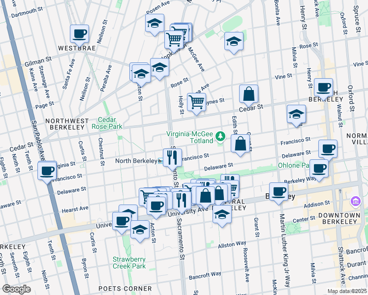 map of restaurants, bars, coffee shops, grocery stores, and more near 1520 Virginia Street in Berkeley