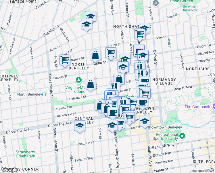 map of restaurants, bars, coffee shops, grocery stores, and more near 1836 Francisco Street in Berkeley