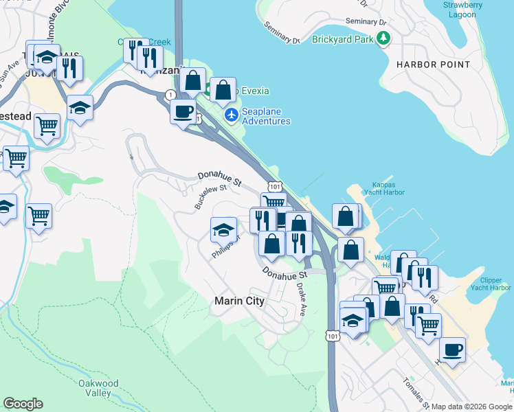 map of restaurants, bars, coffee shops, grocery stores, and more near 65 Park Circle in Sausalito