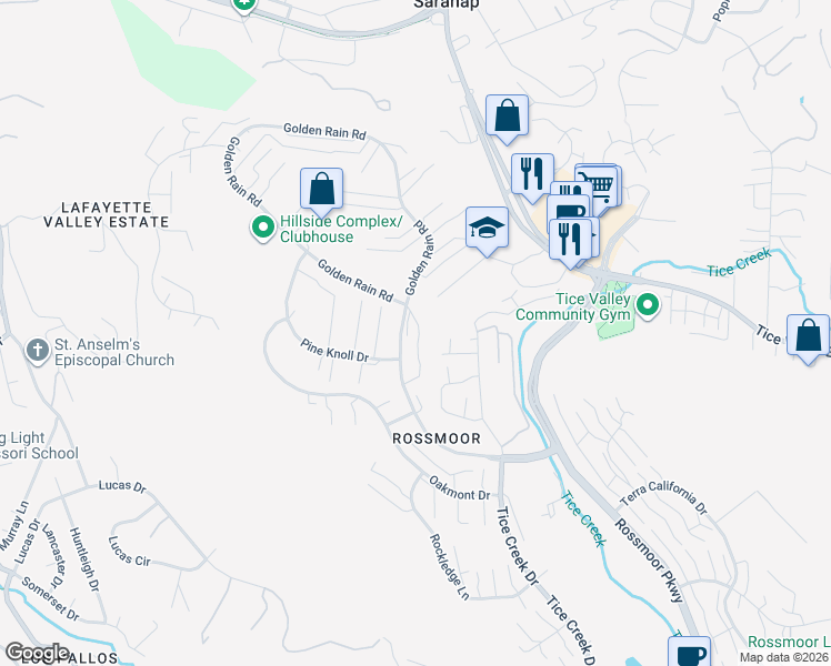 map of restaurants, bars, coffee shops, grocery stores, and more near 1608 Golden Rain Road in Walnut Creek