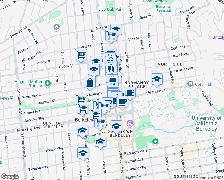 map of restaurants, bars, coffee shops, grocery stores, and more near 2087 Delaware Street in Berkeley