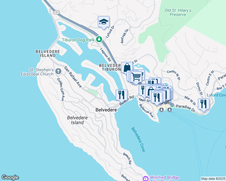 map of restaurants, bars, coffee shops, grocery stores, and more near 16 Peninsula Road in Belvedere