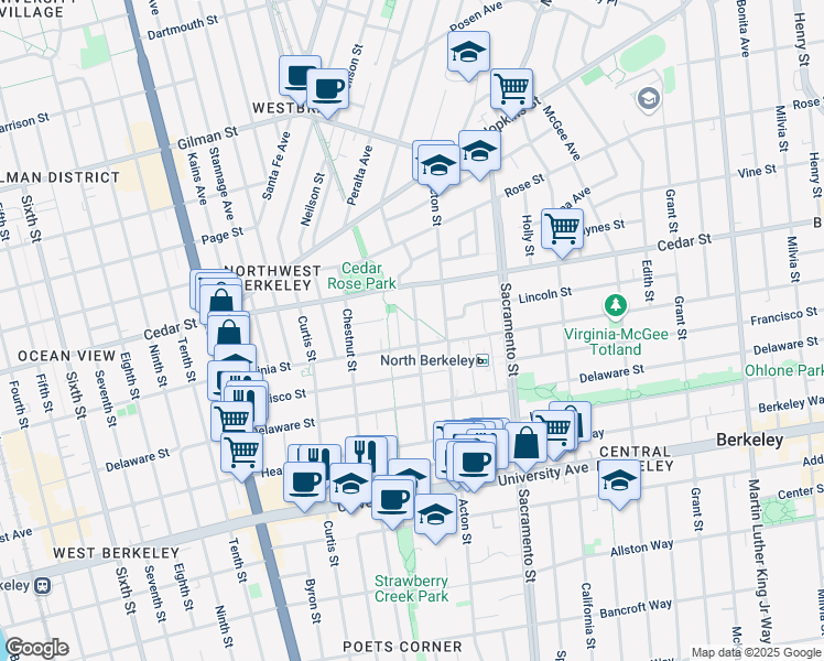 map of restaurants, bars, coffee shops, grocery stores, and more near 1670 Franklin Street in Berkeley