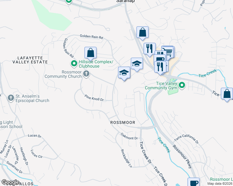 map of restaurants, bars, coffee shops, grocery stores, and more near 1608 Golden Rain Road in Walnut Creek