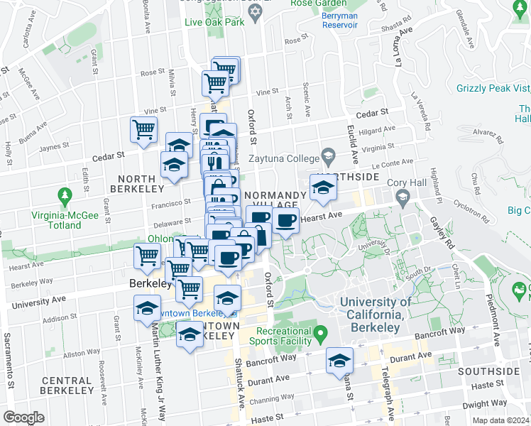 map of restaurants, bars, coffee shops, grocery stores, and more near 1819 Oxford Street in Berkeley