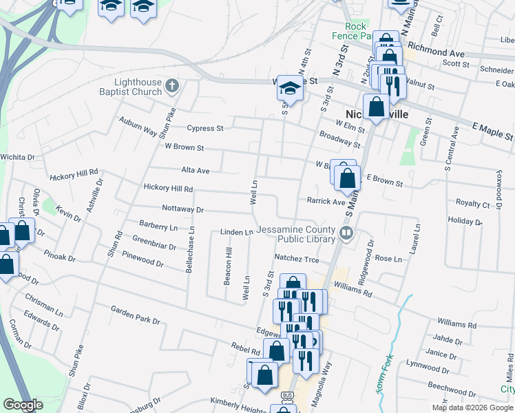 map of restaurants, bars, coffee shops, grocery stores, and more near 314 Hickory Hill Drive in Nicholasville