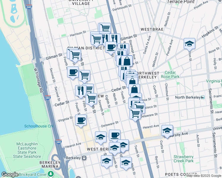 map of restaurants, bars, coffee shops, grocery stores, and more near 999 Cedar Street in Berkeley