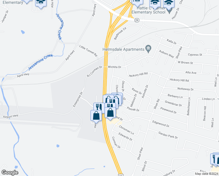 map of restaurants, bars, coffee shops, grocery stores, and more near 1044 Pinoak Drive in Nicholasville