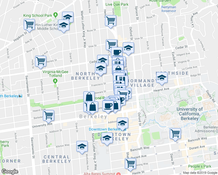 map of restaurants, bars, coffee shops, grocery stores, and more near 2015 Delaware Street in Berkeley