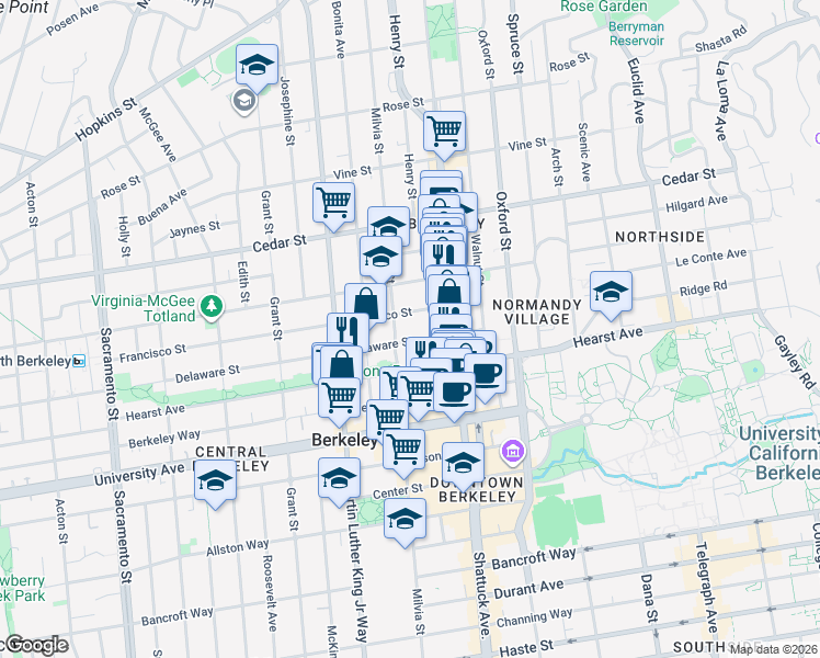 map of restaurants, bars, coffee shops, grocery stores, and more near 2015 Delaware Street in Berkeley