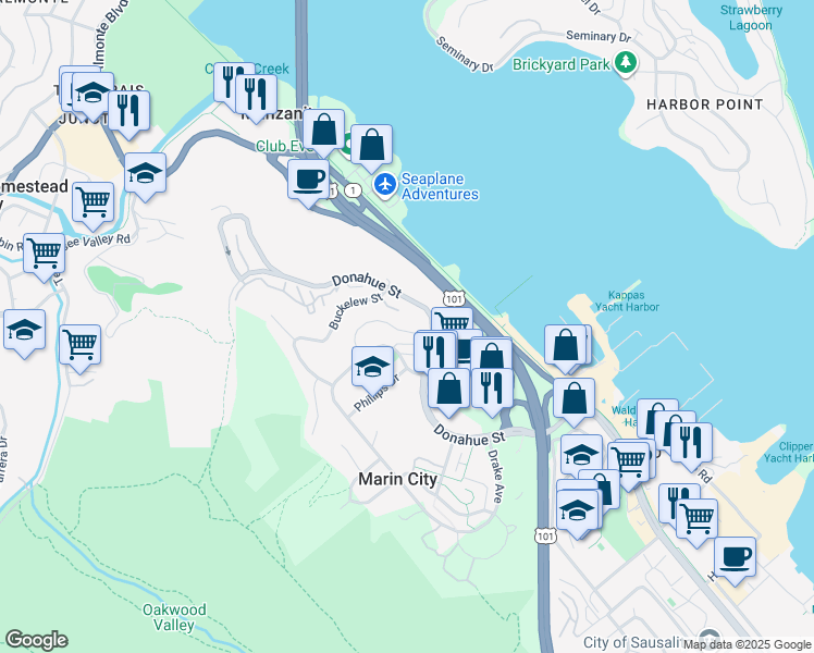 map of restaurants, bars, coffee shops, grocery stores, and more near 65 Park Circle in Sausalito