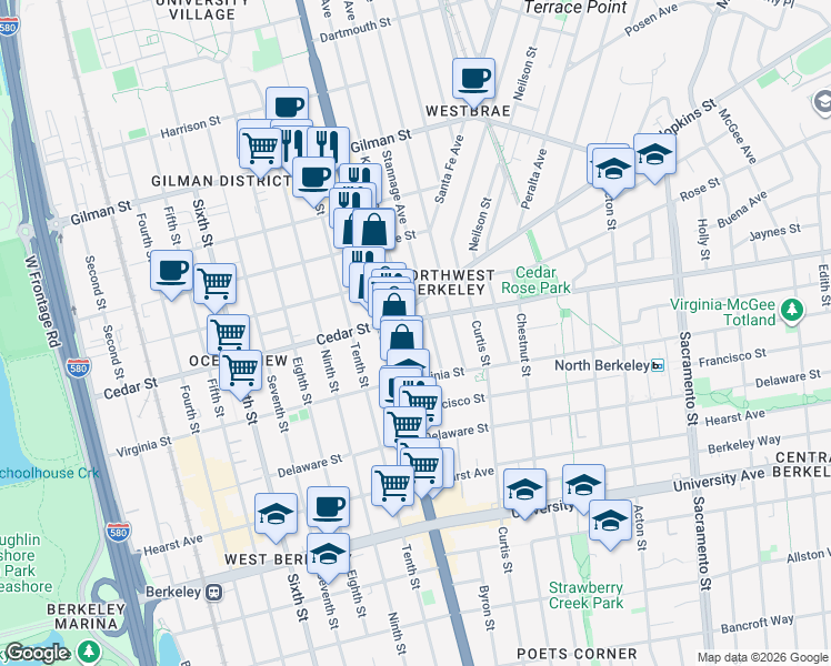 map of restaurants, bars, coffee shops, grocery stores, and more near 1609 Kains Avenue in Berkeley