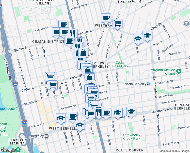 map of restaurants, bars, coffee shops, grocery stores, and more near 1606 Stannage Avenue in Berkeley