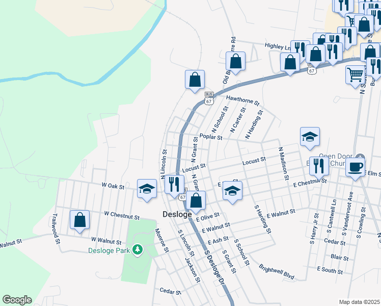 map of restaurants, bars, coffee shops, grocery stores, and more near 505 North Grant Street in Desloge