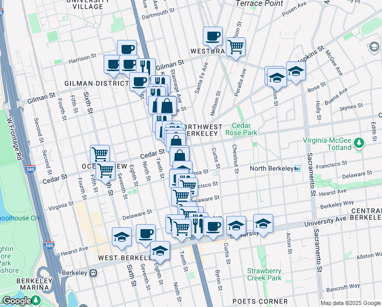 map of restaurants, bars, coffee shops, grocery stores, and more near 1606 Stannage Avenue in Berkeley