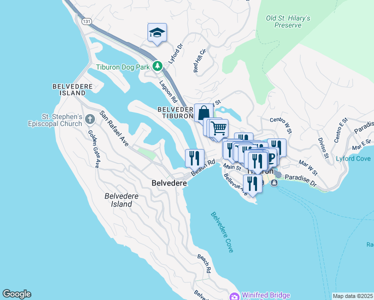 map of restaurants, bars, coffee shops, grocery stores, and more near 16 Peninsula Road in Belvedere