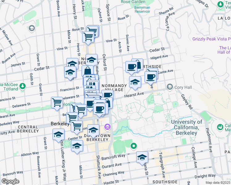 map of restaurants, bars, coffee shops, grocery stores, and more near 1827 Spruce Street in Berkeley