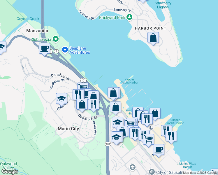 map of restaurants, bars, coffee shops, grocery stores, and more near 35 Kappas Marina East Pier in Sausalito